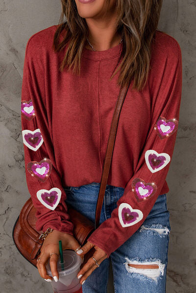 Heart Sequin Round Neck Long Sleeve T-Shirt Trandify deal