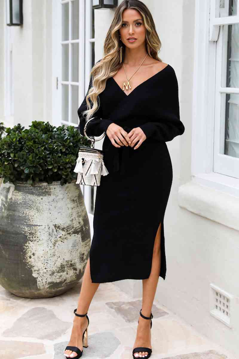 Surplice Neck Bow Waist Slit Sweater Dress Trandify deal