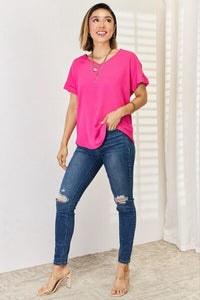 Zenana V-Neck Rolled Short Sleeve T-Shirt Trandify deal