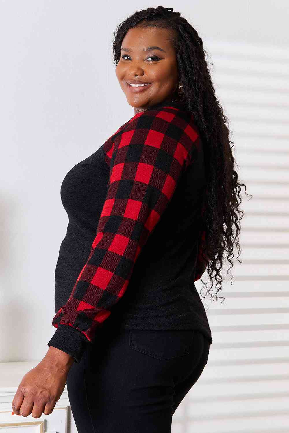 Heimish Full Size Sequin Reindeer Graphic Plaid Top Trandify deal