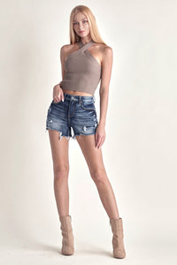 RISEN Mid Rise Raw Hem Denim Shorts Trandify deal