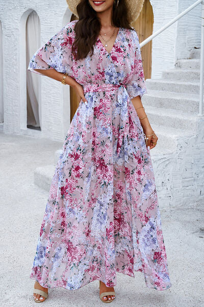 Devine Printed Tied Half Sleeve Slit Dress Trandify deal