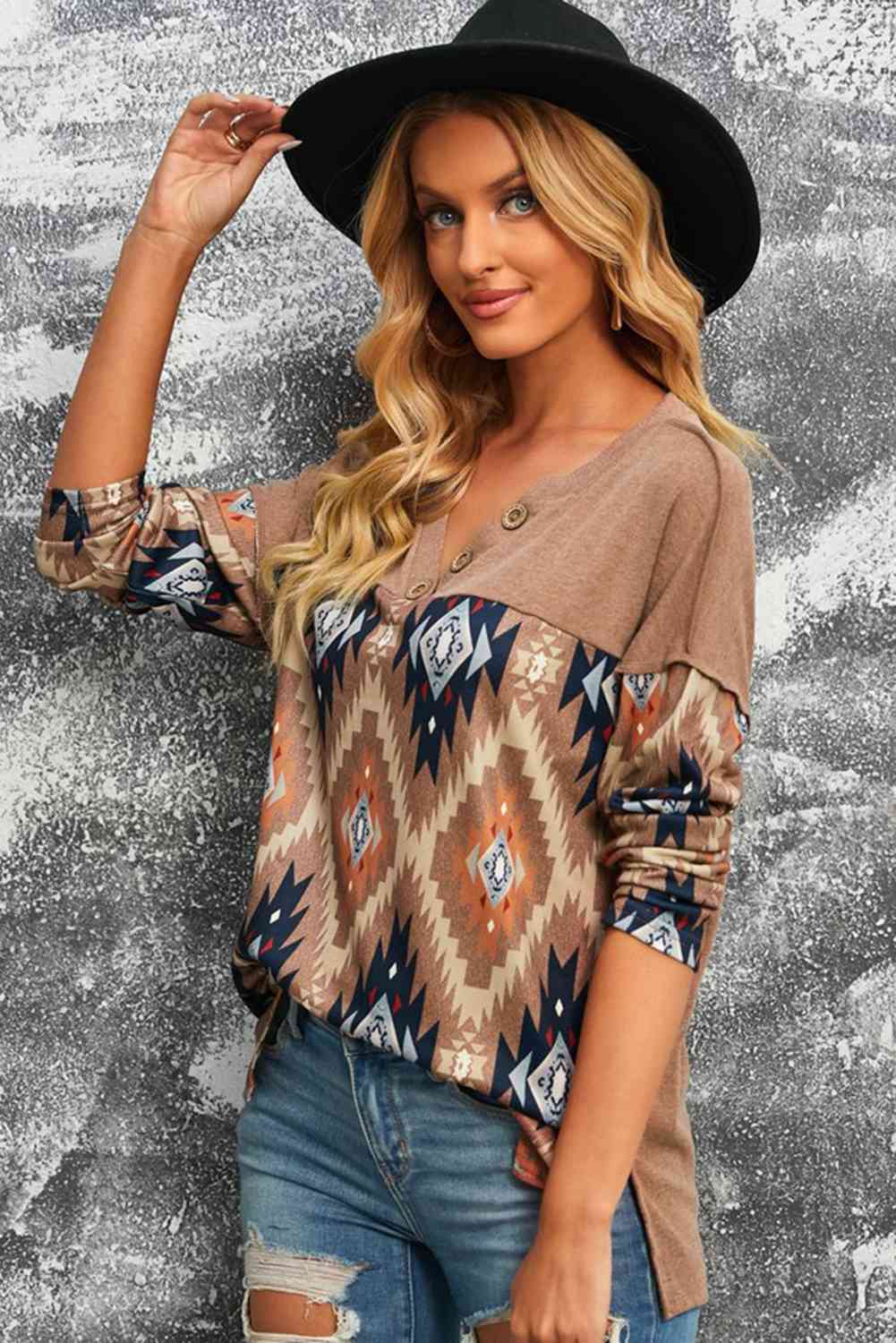 Brown Western Print Buttoned V Neck Top Trandify deal
