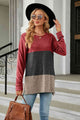 Color Block Round Neck Long Sleeve Slit T-Shirt Trandify deal