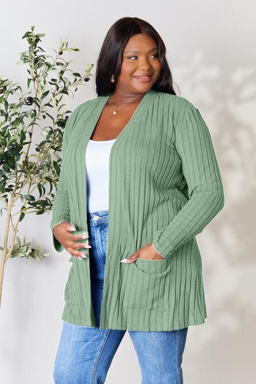 Basic Bae Full Size Ribbed Open Front Cardigan with Pockets Trandify deal