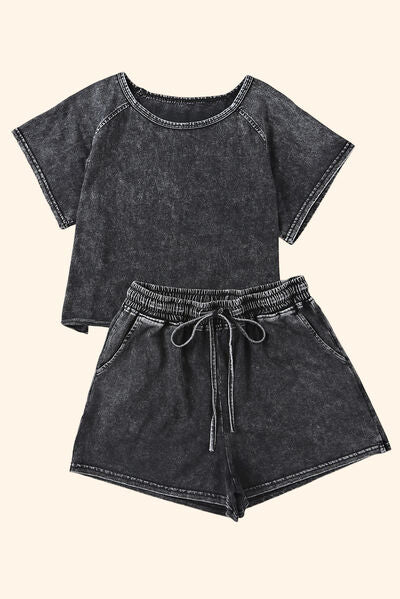 Heathered Round Neck Top and Shorts Lounge Set Trandify deal