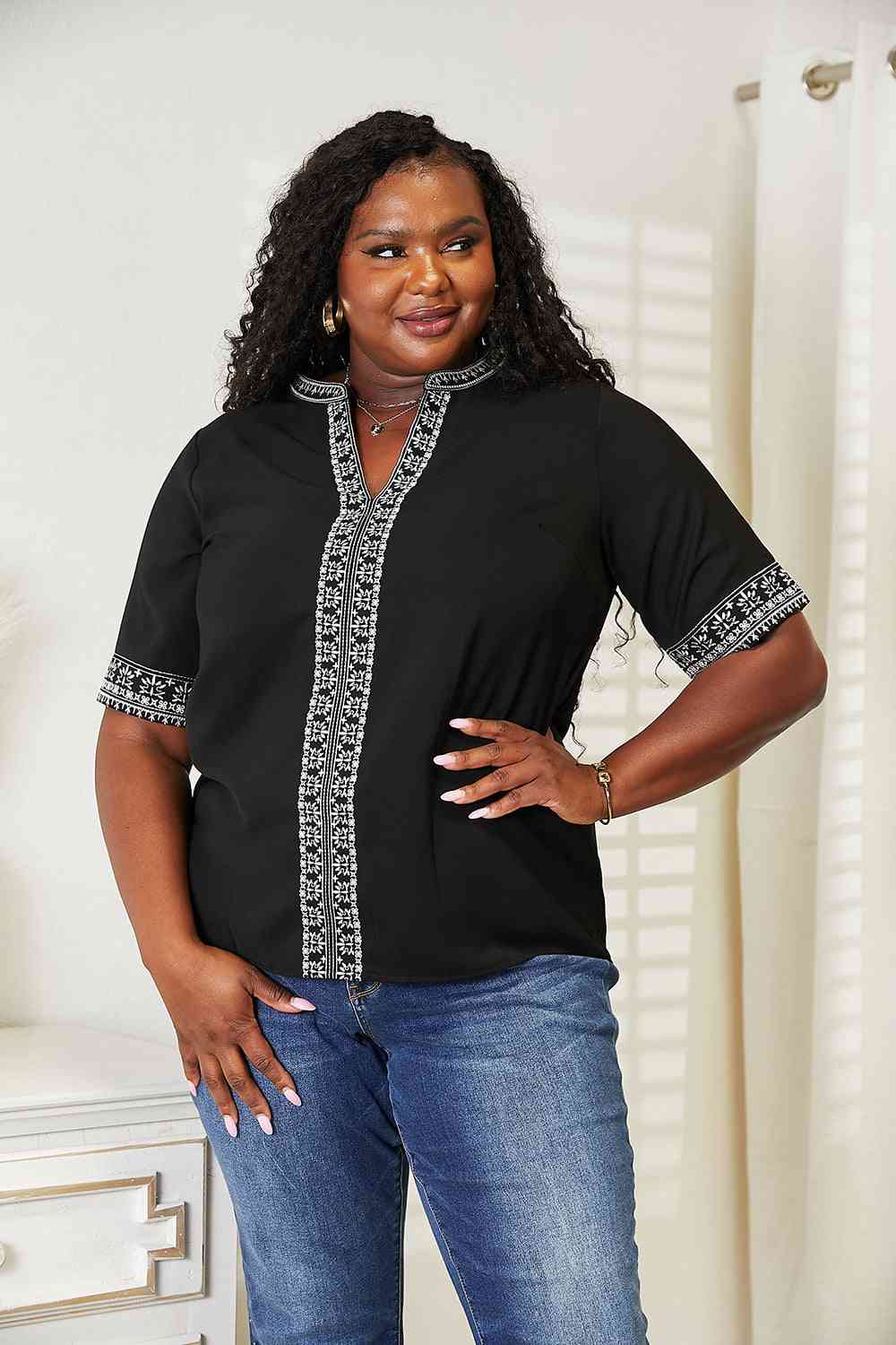Double Take Embroidered Notched Neck Top Trandify deal
