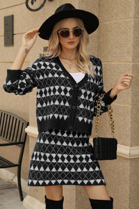 Geometric Button Front Cardigan and Skirt Set Trandify deal