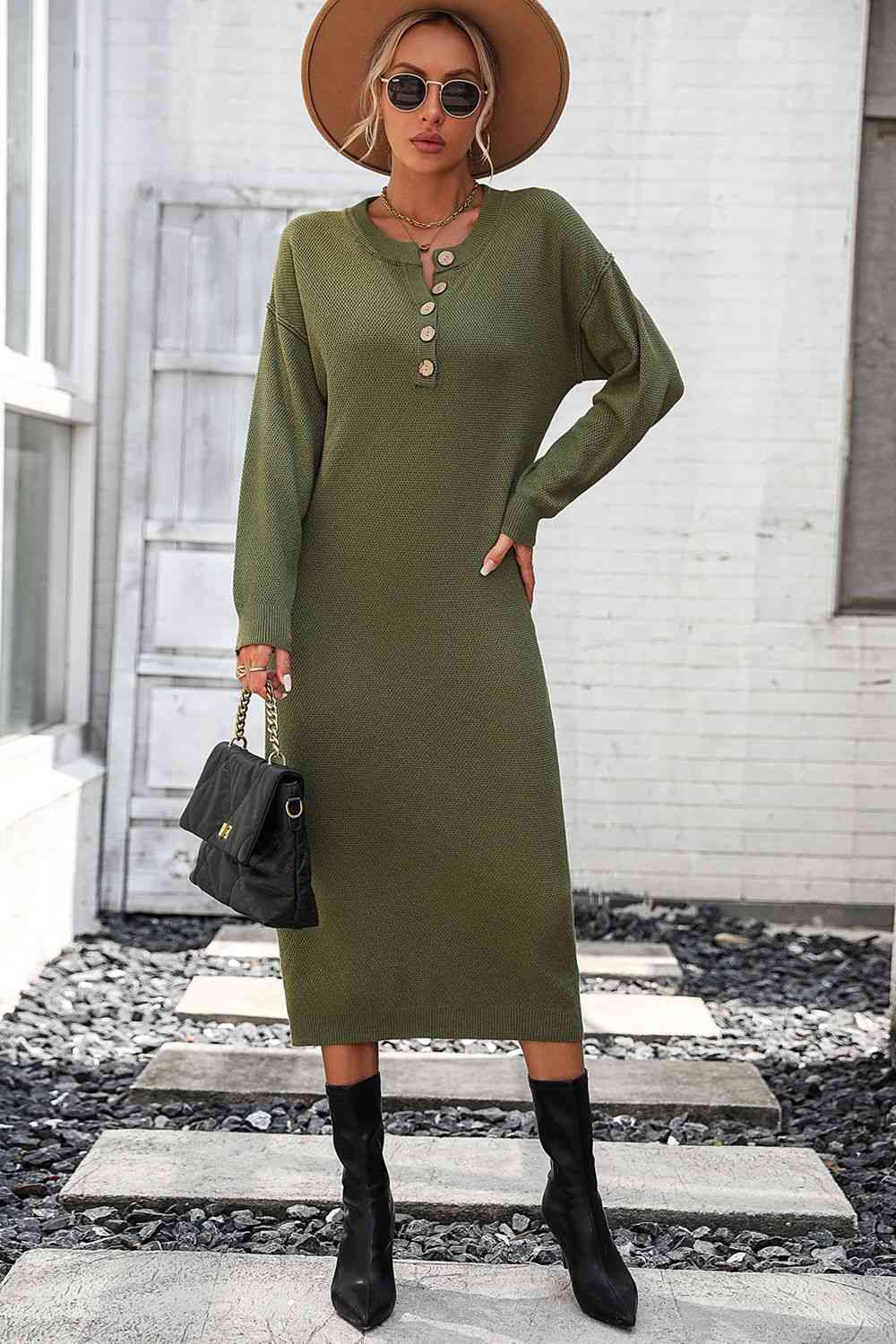 Notched Neck Dropped Shoulder Button-Down Midi Dress Trandify deal