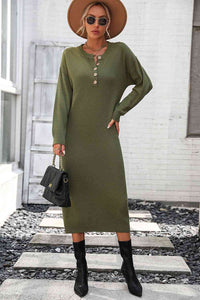 Notched Neck Dropped Shoulder Button-Down Midi Dress Trandify deal