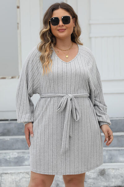 Plus Size Ribbed Tie Front Long Sleeve Sweater Dress Trandify deal