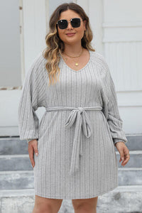 Plus Size Ribbed Tie Front Long Sleeve Sweater Dress Trandify deal