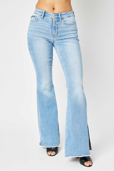 Judy Blue Full Size Mid Rise Raw Hem Slit Flare Jeans Trandify deal