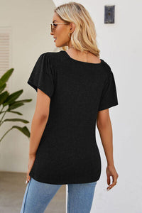Smocked Round Neck Flutter Sleeve T-Shirt Trandify deal