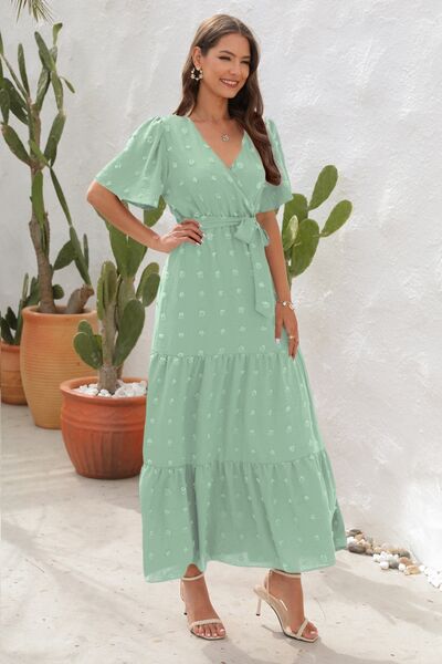 Swiss Dot Tied Surplice Short Sleeve Dress Trandify deal