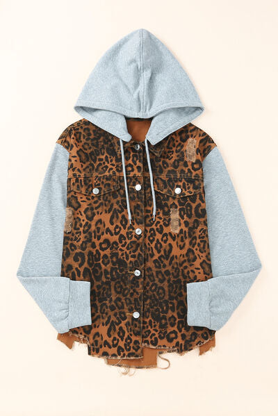 Leopard Distressed Drawstring Hooded Denim Jacket Trandify deal