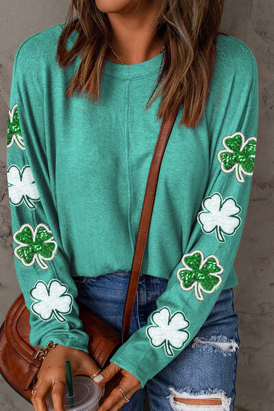 Lucky Clover Sequin Round Neck Sweatshirt Trandify deal