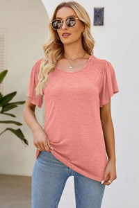 Smocked Round Neck Flutter Sleeve T-Shirt Trandify deal