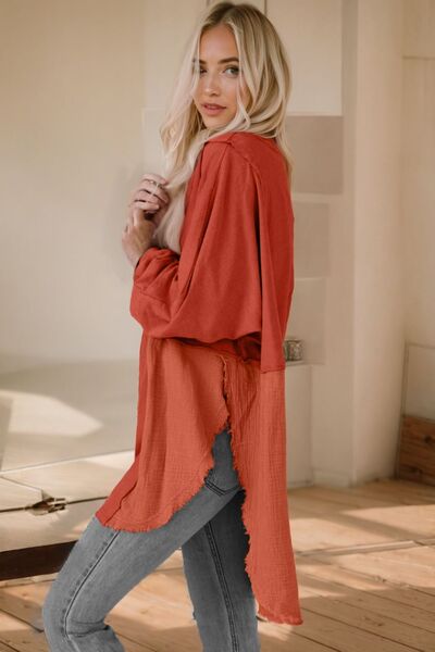 Contrast Texture Round Neck Long Sleeve Blouse Trandify deal