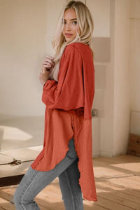 Contrast Texture Round Neck Long Sleeve Blouse Trandify deal