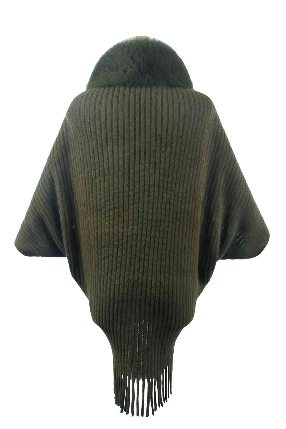 Fringe Detail Long Sleeve Ribbed Poncho Trandify deal