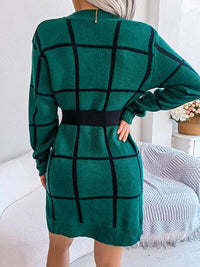 Plaid Round Neck Dropped Shoulder Sweater Dress Trandify deal