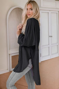 Contrast Texture Round Neck Long Sleeve Blouse Trandify deal