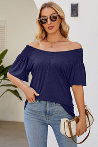 Smocked Round Neck Flutter Sleeve T-Shirt Trandify deal