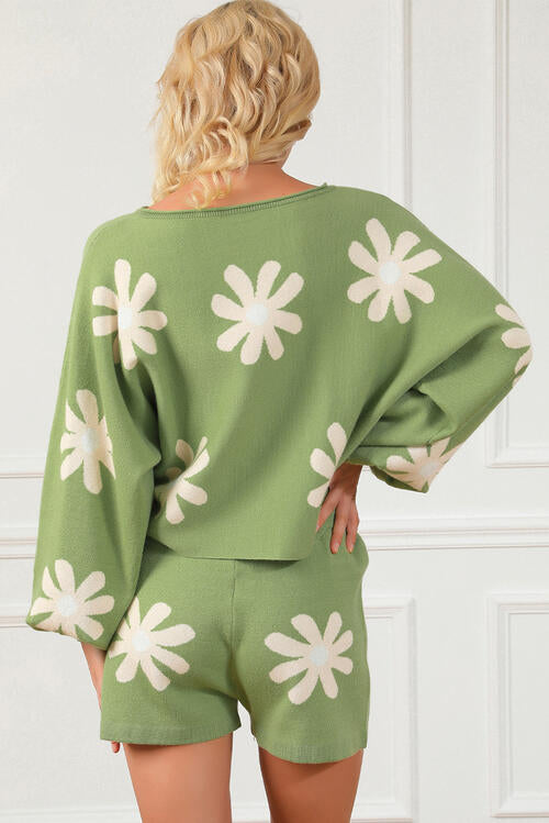 Flower Pattern Long Sleeve Sweater and Drawstring Shorts Set Trandify deal
