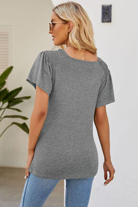 Smocked Round Neck Flutter Sleeve T-Shirt Trandify deal
