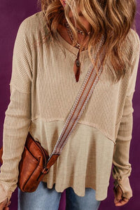 Notched Neck Long Sleeve Slit Blouse Trandify deal