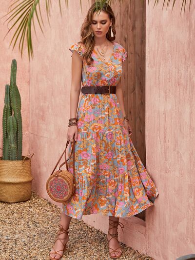 Ruffled Printed V-Neck Cap Sleeve Tiered Dress Trandify deal