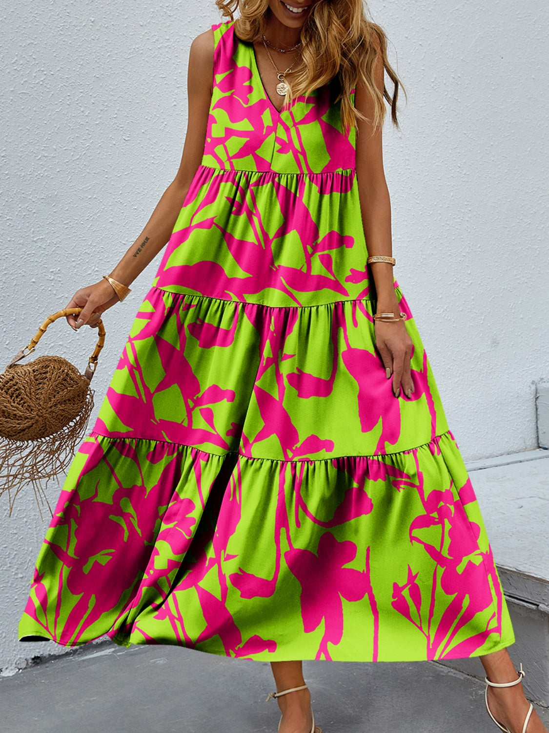 FAM-FAM Tiered Printed V-Neck Sleeveless Dress Trandify deal