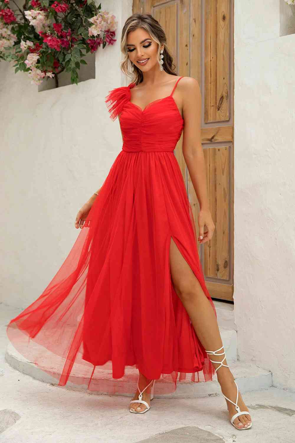 Asymmetrical Ruched Slit Dress Trandify deal