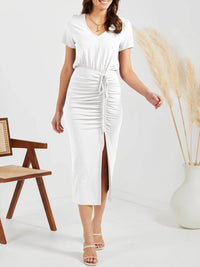 Ruched Slit V-Neck Short Sleeve Dress Trandify deal
