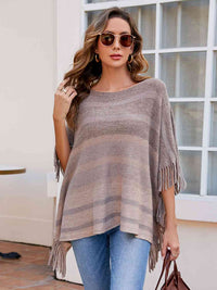 Striped Boat Neck Poncho with Fringes Trandify deal