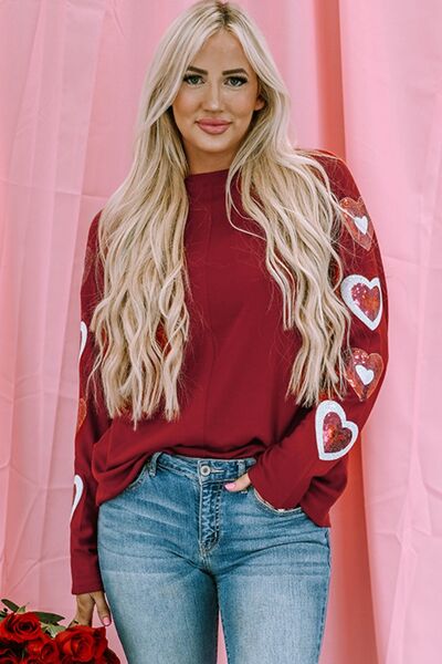 Heart Sequin Round Neck Long Sleeve T-Shirt Trandify deal