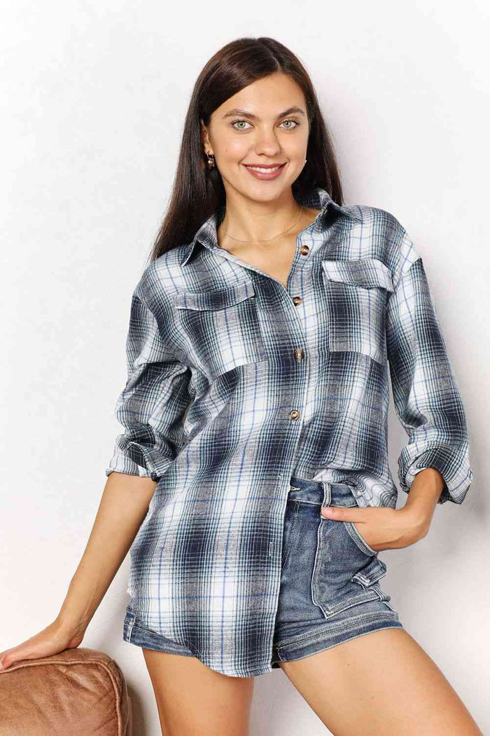 Double Take Plaid Dropped Shoulder Shirt Trandify deal