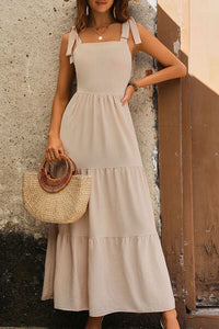 Tie Shoulder Smocked Tiered Dress Trandify deal