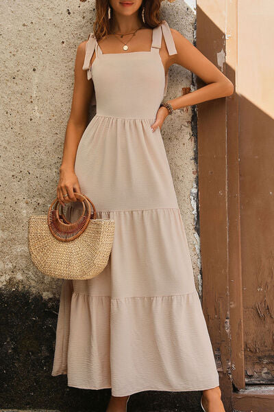 Tie Shoulder Smocked Tiered Dress Trandify deal