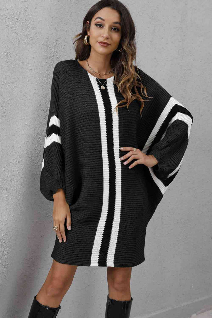 Ribbed Round Neck Long Sleeve Sweater Dress Trandify deal