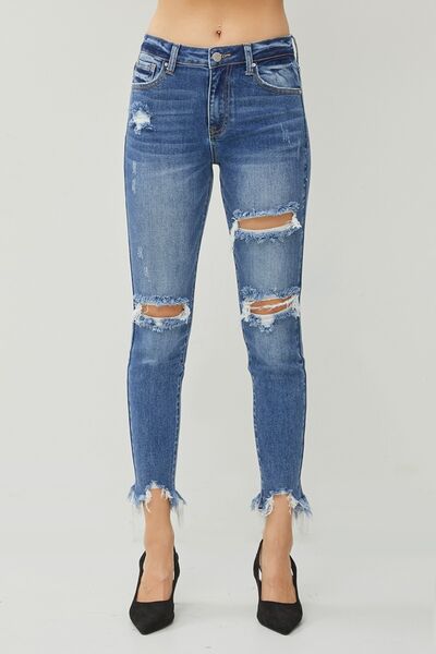 RISEN Distressed Frayed Hem Slim Jeans Trandify deal