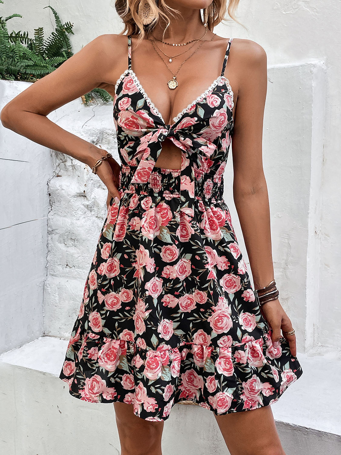 Perfee Tied Rose Print Spaghetti Strap Dress Trandify deal