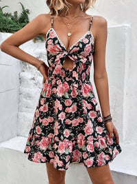Perfee Tied Rose Print Spaghetti Strap Dress Trandify deal