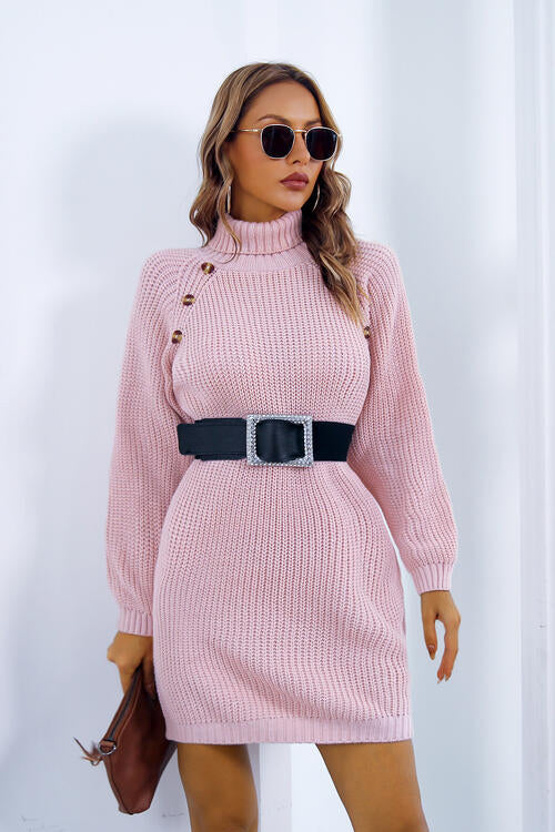 Buttoned Turtleneck Long Sleeve Sweater Dress Trandify deal