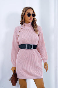 Buttoned Turtleneck Long Sleeve Sweater Dress Trandify deal