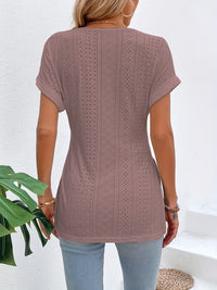 Slit Eyelet V-Neck Short Sleeve Blouse Trandify deal