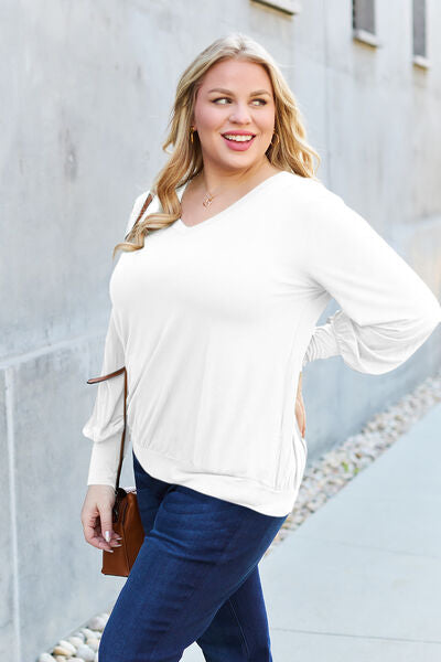 Basic Bae Full Size V-Neck Lantern Sleeve Blouse Trandify deal