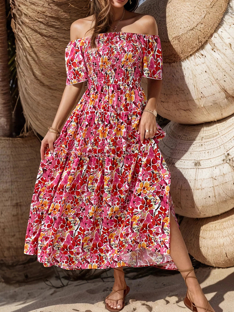 Perfee Slit Floral Off-Shoulder Short Sleeve Dress Trandify deal