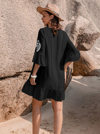 Printed Tie Neck Flounce Sleeve Mini Dress Trandify deal